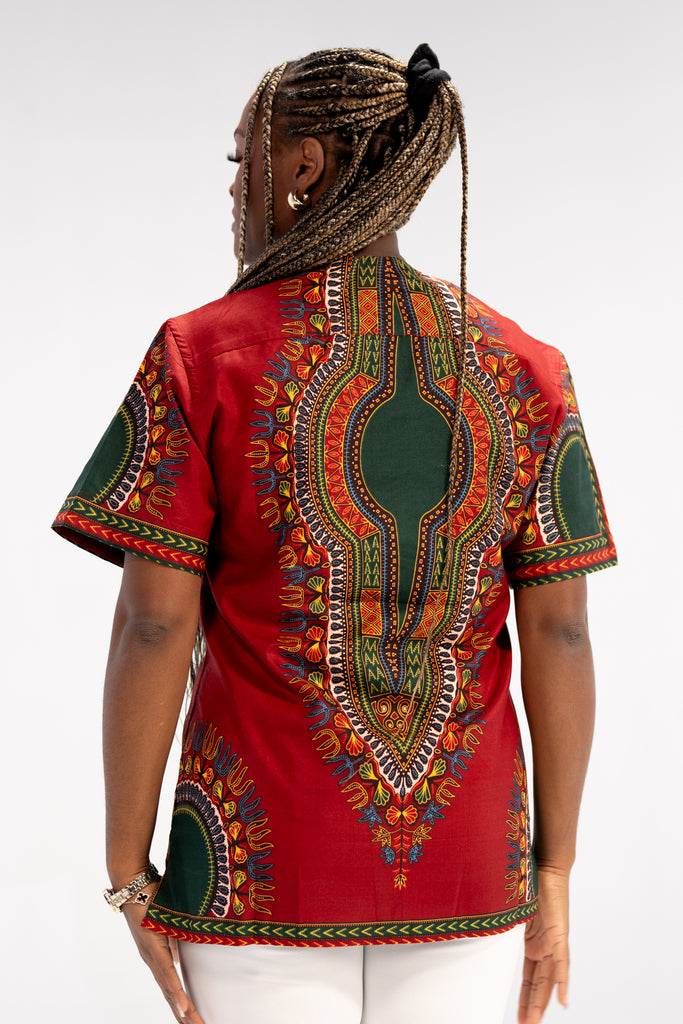 Amara Women's Majestic Dashiki Elegance Shirt (Red and Green)