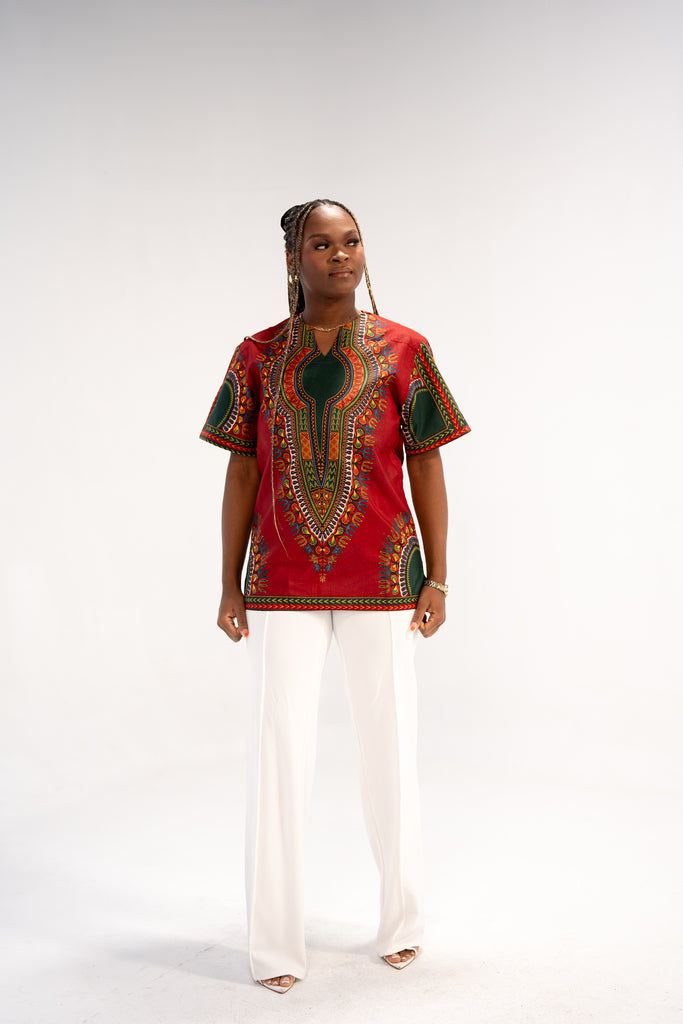 Amara Women's Majestic Dashiki Elegance Shirt (Red and Green)