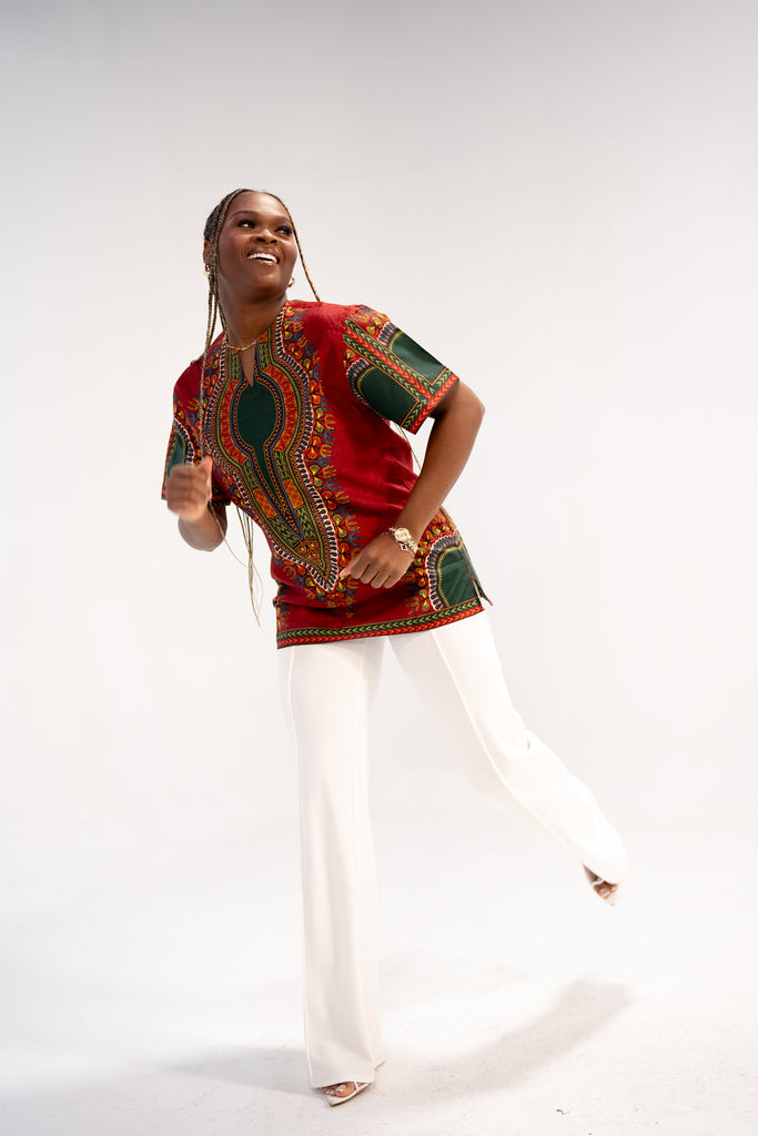 Amara Women's Majestic Dashiki Elegance Shirt (Red and Green)