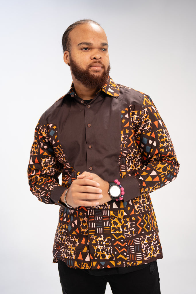 Kofi Men’s African Print Shirt (Earthy Geometric Majesty)