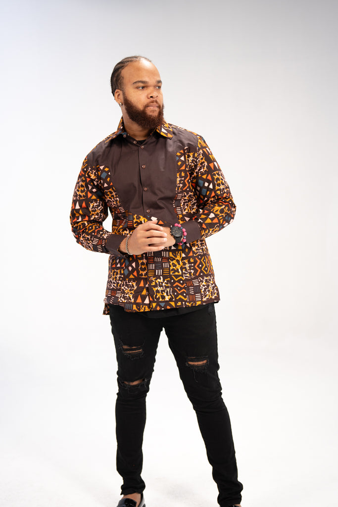 Kofi Men’s African Print Shirt (Earthy Geometric Majesty)