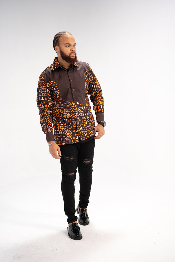 Kofi Men’s African Print Shirt (Earthy Geometric Majesty)