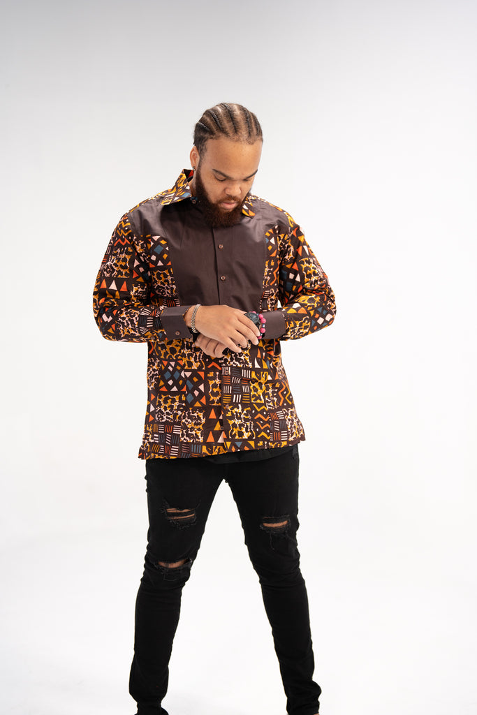 Kofi Men’s African Print Shirt (Earthy Geometric Majesty)