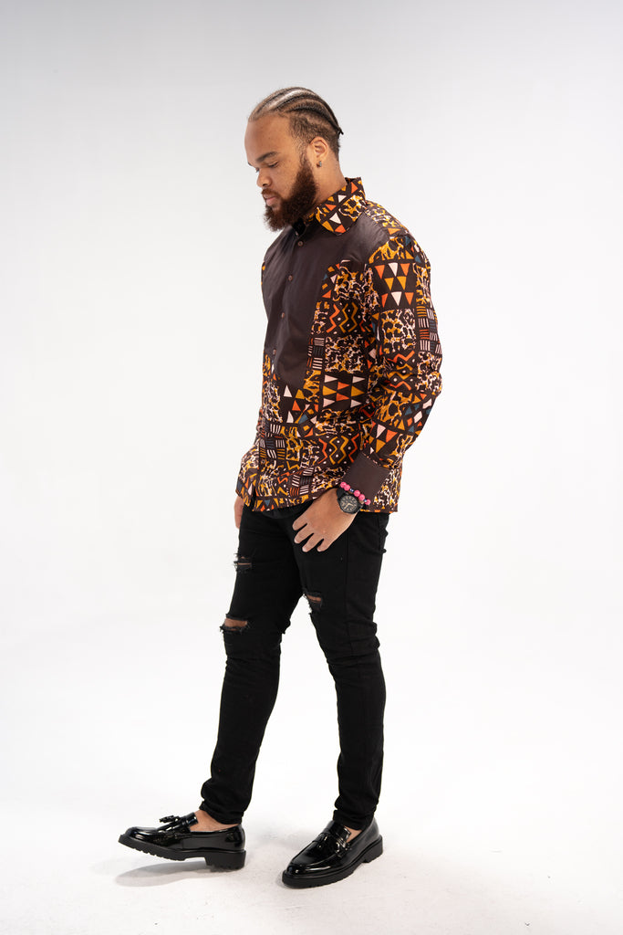 Kofi Men’s African Print Shirt (Earthy Geometric Majesty)