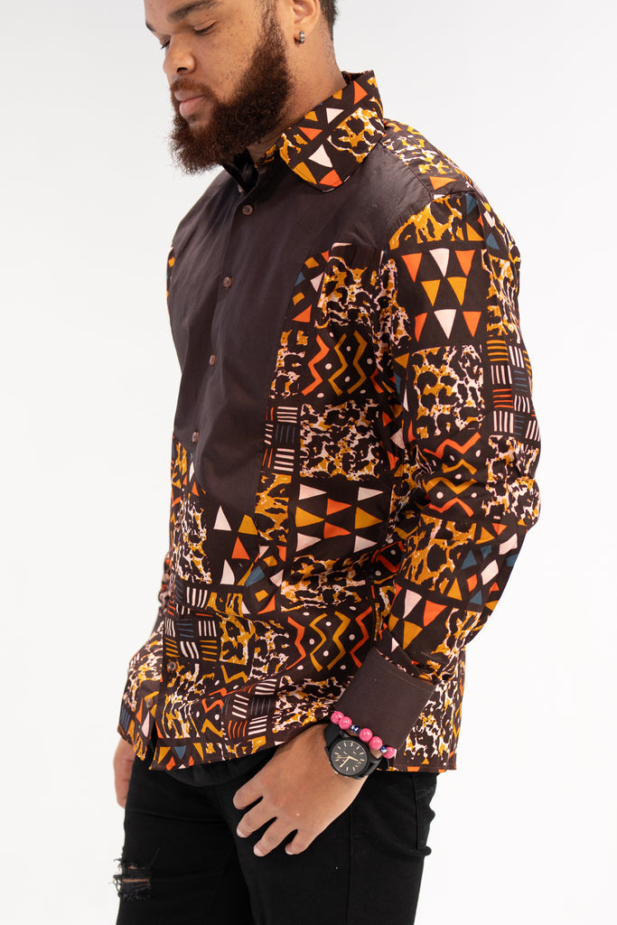Kofi Men’s African Print Shirt (Earthy Geometric Majesty)