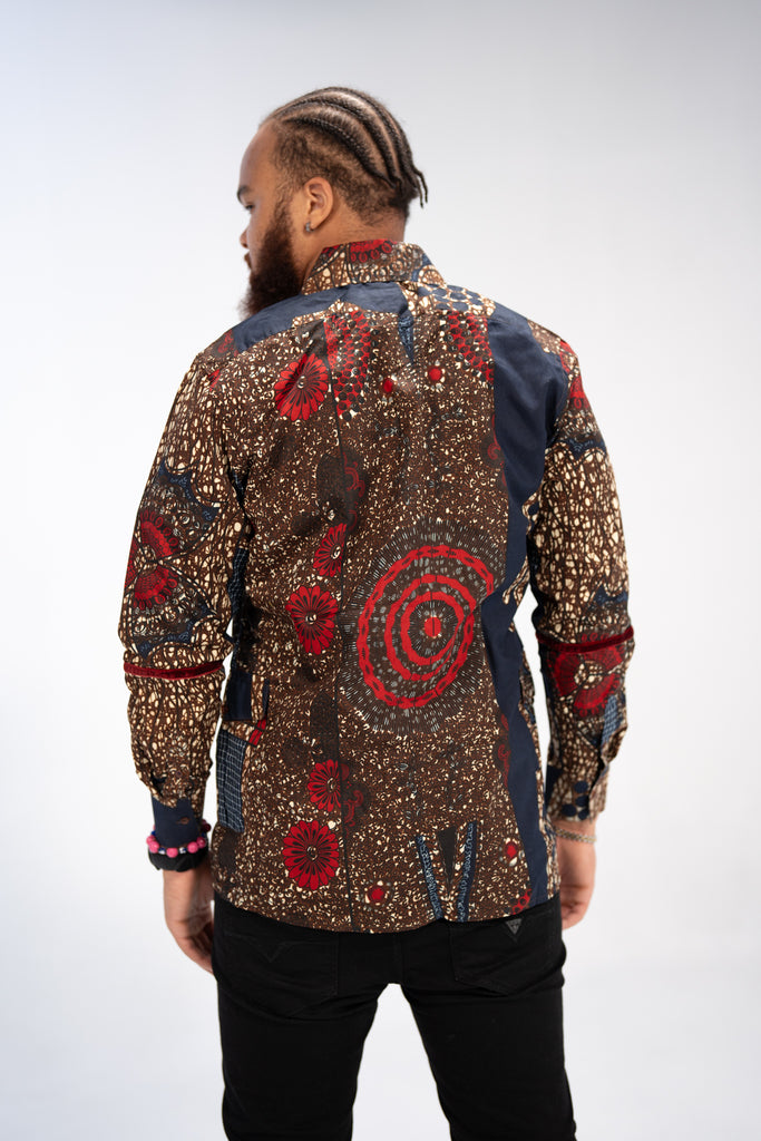 Mide Men’s African Print Shirt (Brown Red Multipattern)
