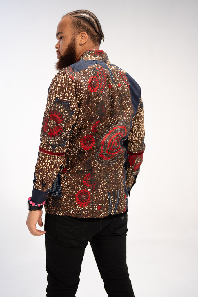 Mide Men’s African Print Shirt (Brown Red Multipattern)