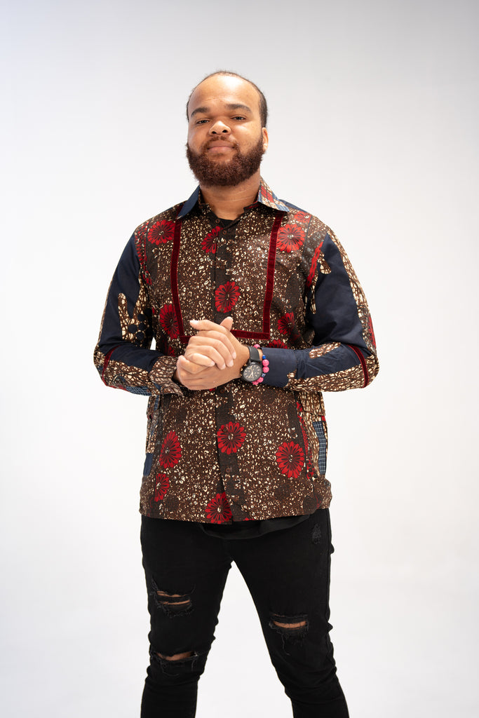 Mide Men’s African Print Shirt (Brown Red Multipattern)