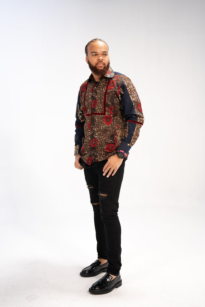 Mide Men’s African Print Shirt (Brown Red Multipattern)