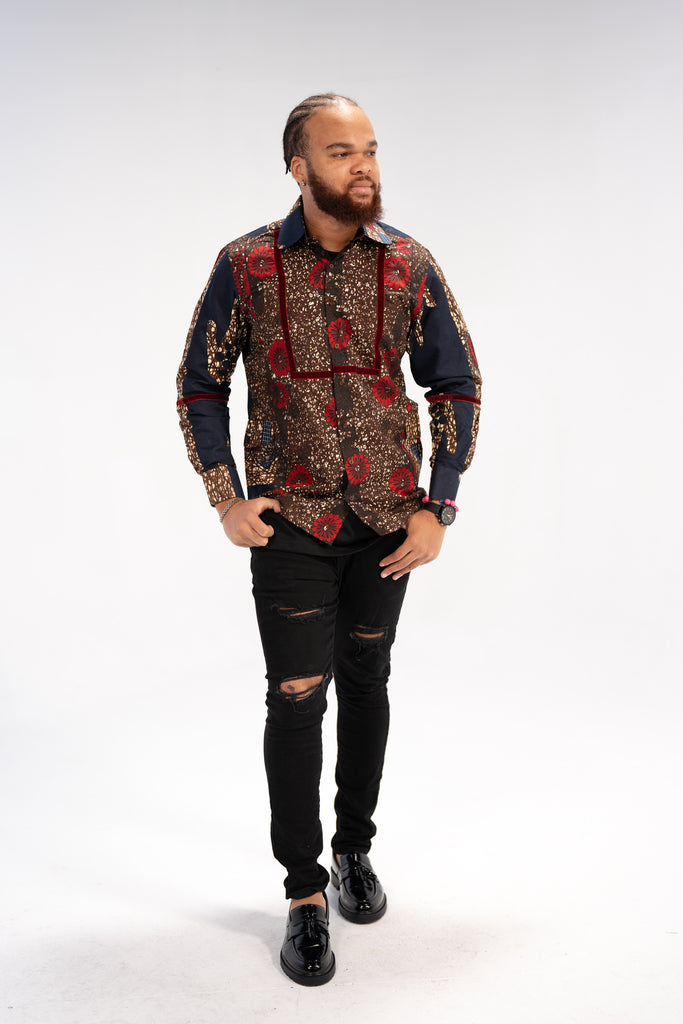 Mide Men’s African Print Shirt (Brown Red Multipattern)