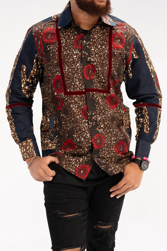 Mide Men’s African Print Shirt (Brown Red Multipattern)