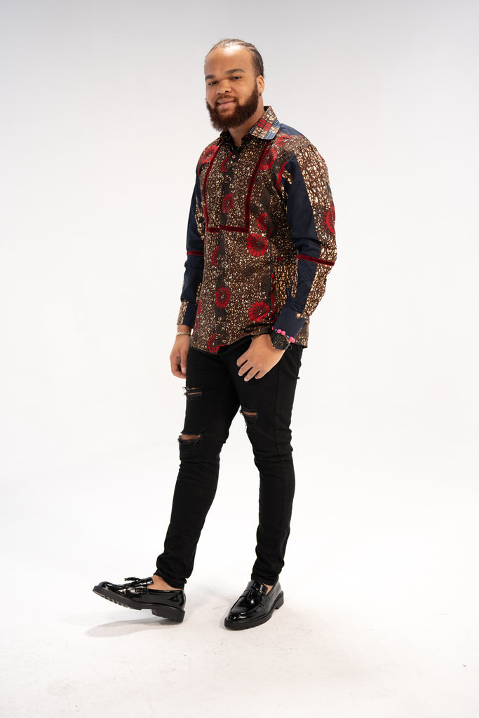 Mide Men’s African Print Shirt (Brown Red Multipattern)