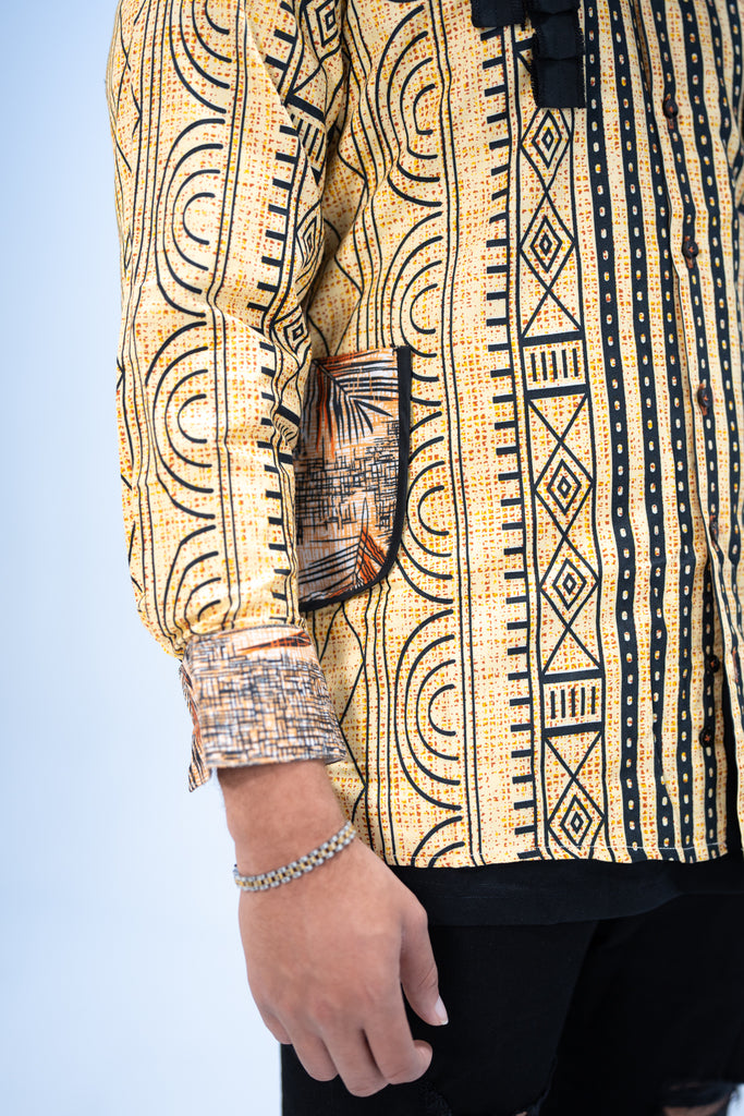 Kwame Men’s African Print Shirt (Golden Mudcloth Elegance)