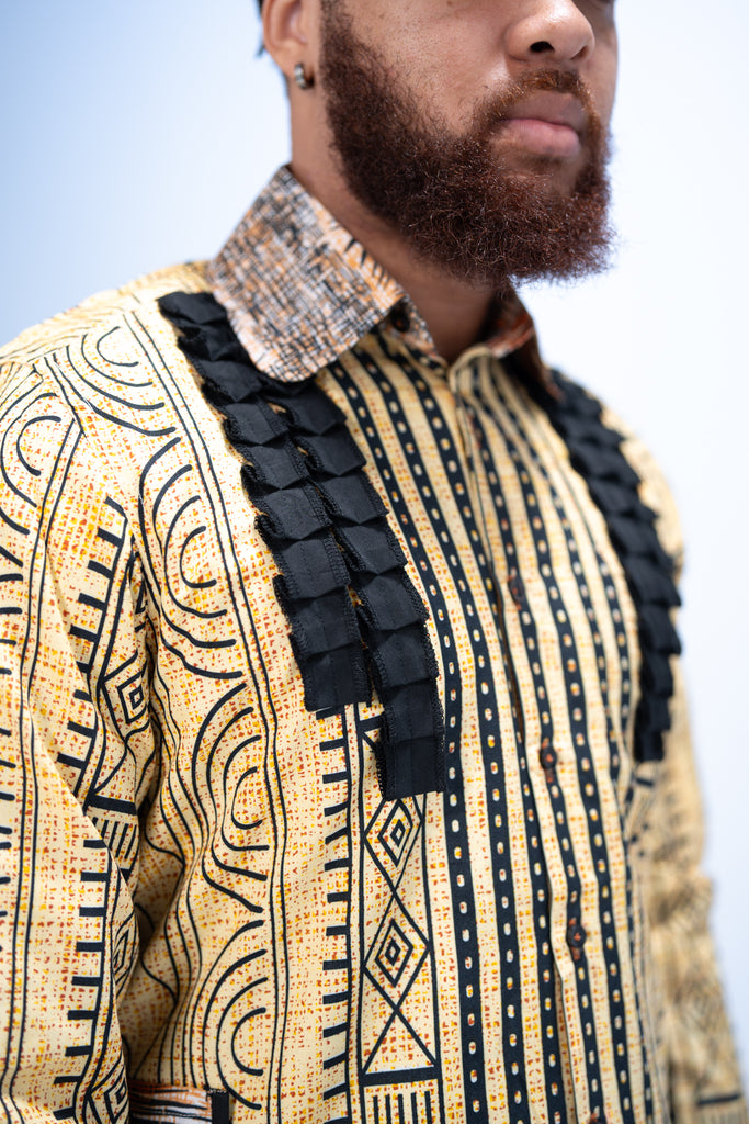 Kwame Men’s African Print Shirt (Golden Mudcloth Elegance)