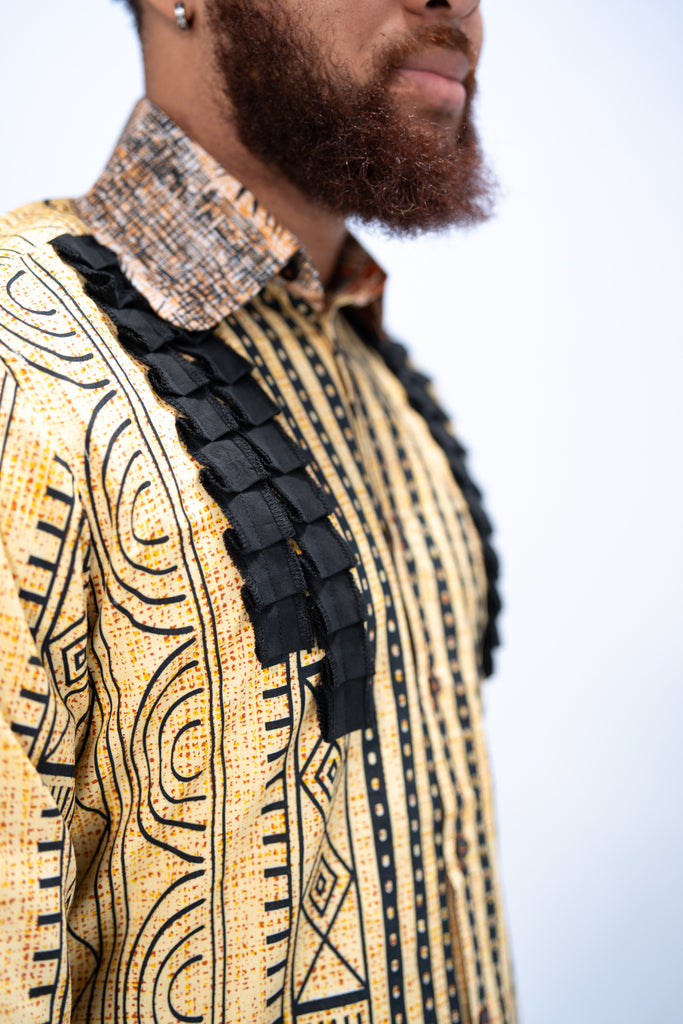 Kwame Men’s African Print Shirt (Golden Mudcloth Elegance)