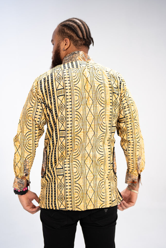 Kwame Men’s African Print Shirt (Golden Mudcloth Elegance)