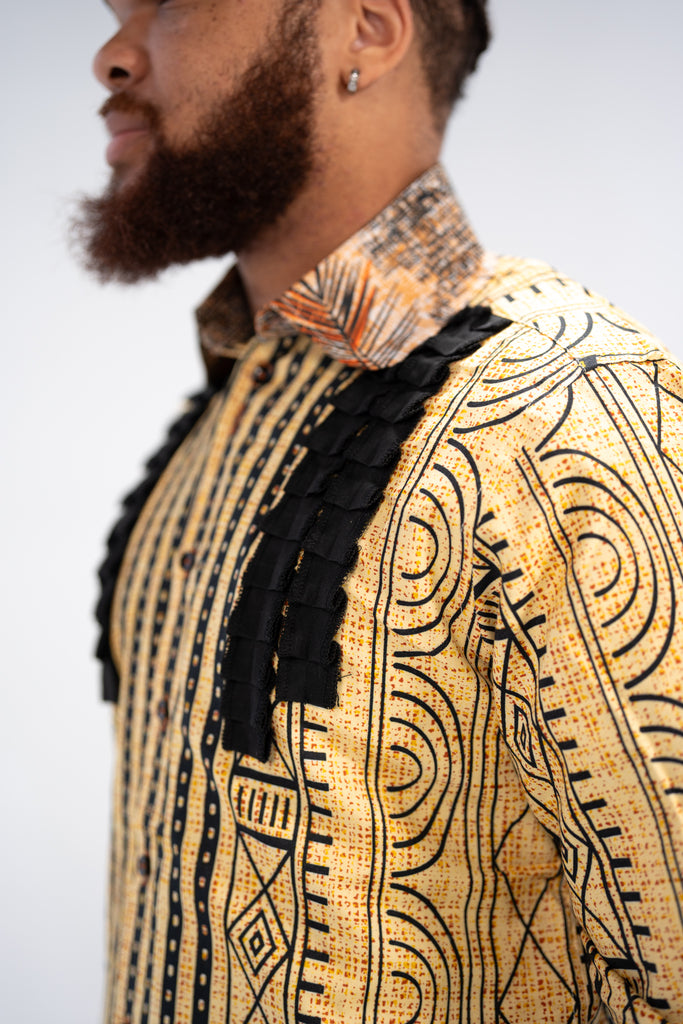 Kwame Men’s African Print Shirt (Golden Mudcloth Elegance)