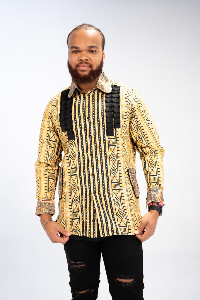 Kwame Men’s African Print Shirt (Golden Mudcloth Elegance)