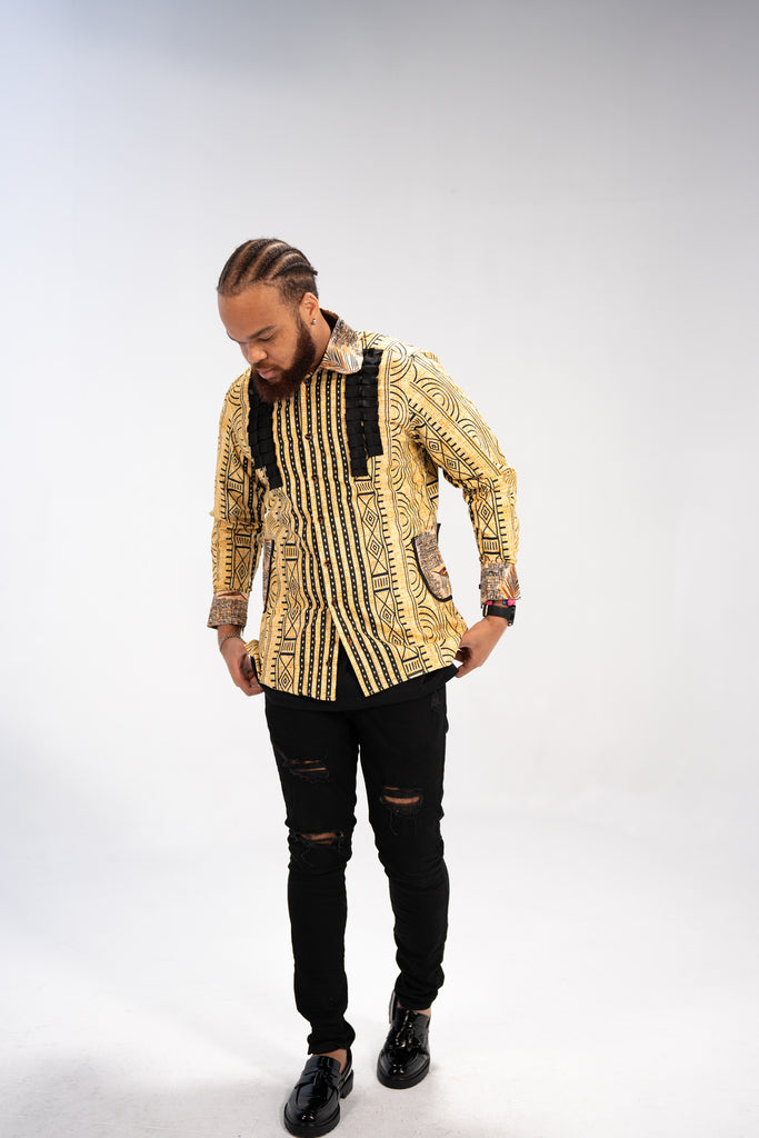 Kwame Men’s African Print Shirt (Golden Mudcloth Elegance)