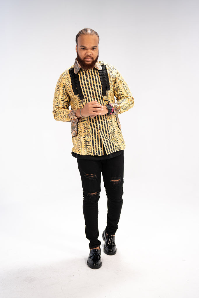 Kwame Men’s African Print Shirt (Golden Mudcloth Elegance)