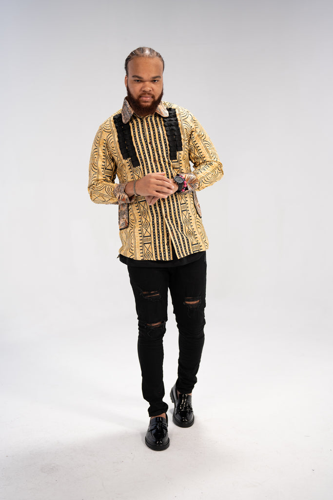 Kwame Men’s African Print Shirt (Golden Mudcloth Elegance)