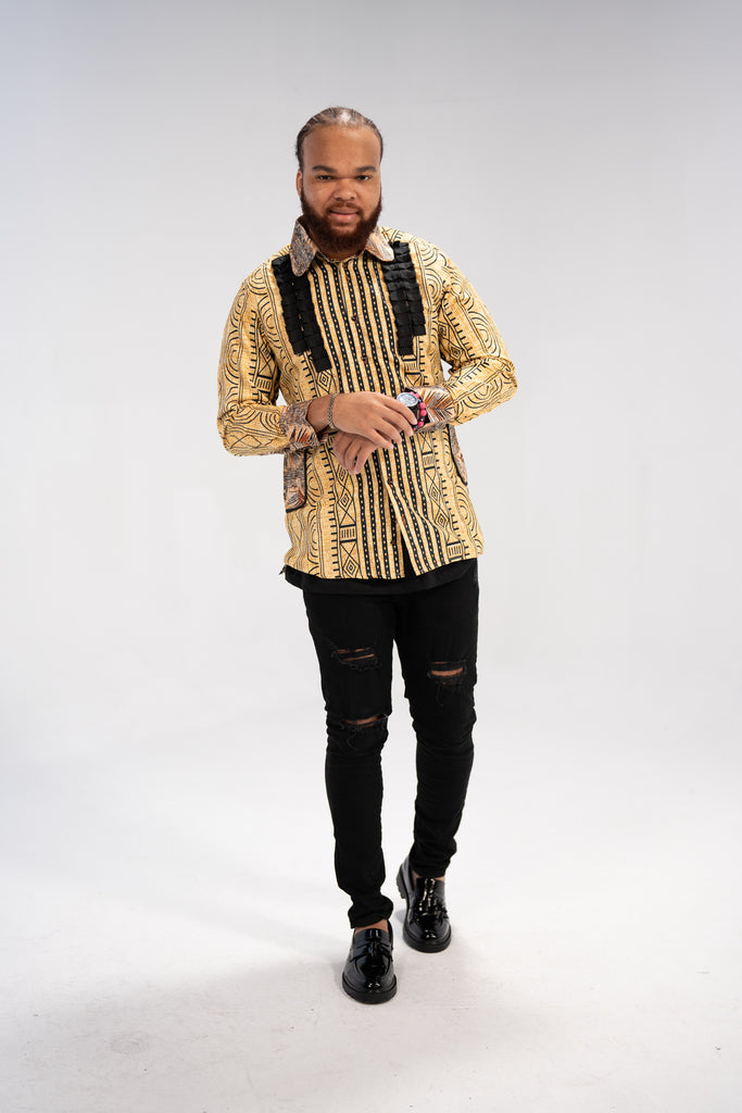 Kwame Men’s African Print Shirt (Golden Mudcloth Elegance)