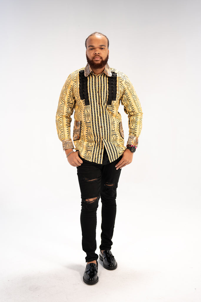 Kwame Men’s African Print Shirt (Golden Mudcloth Elegance)