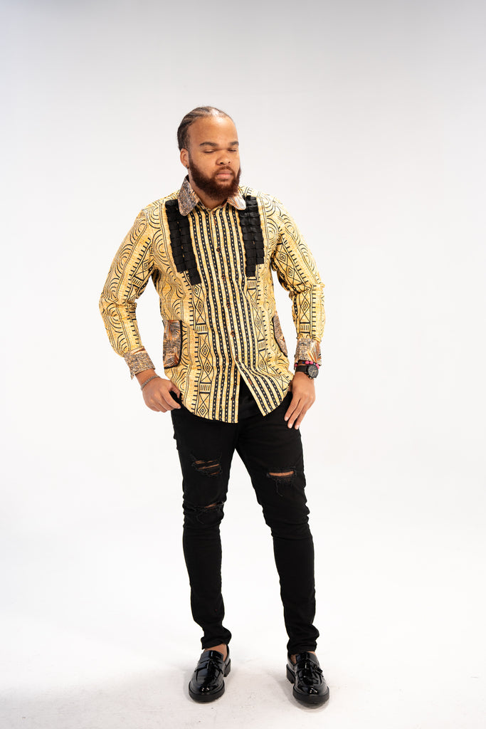 Kwame Men’s African Print Shirt (Golden Mudcloth Elegance)