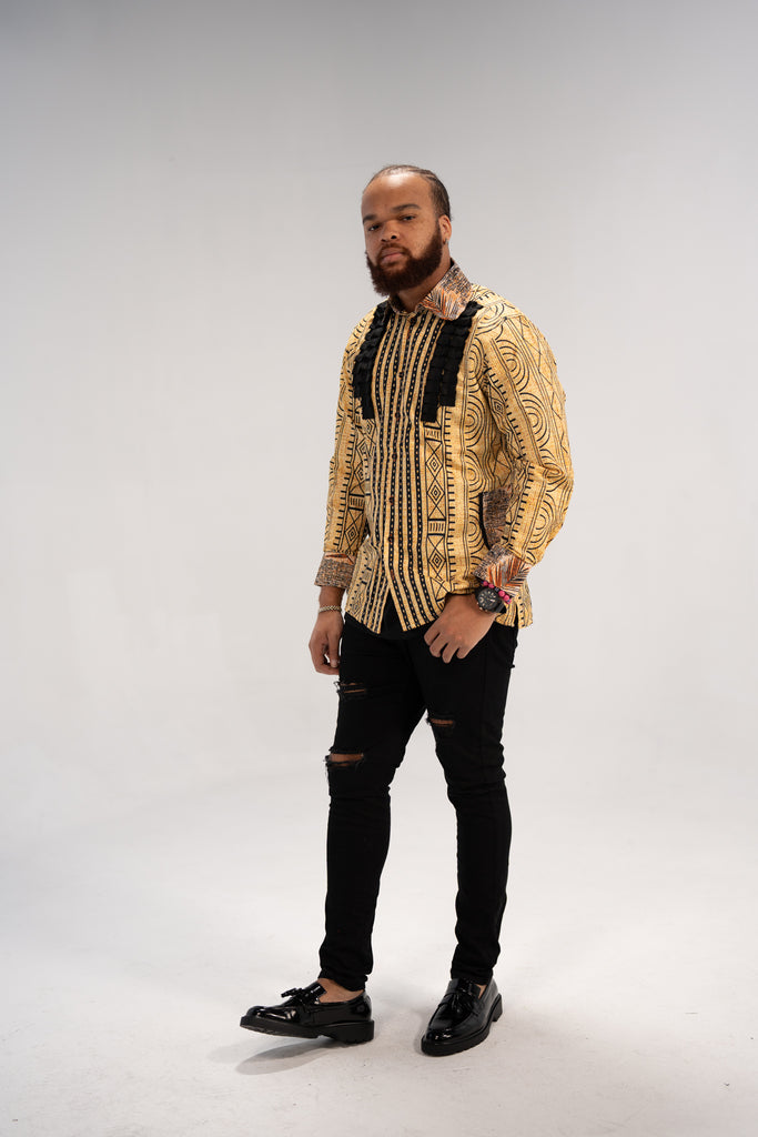 Kwame Men’s African Print Shirt (Golden Mudcloth Elegance)