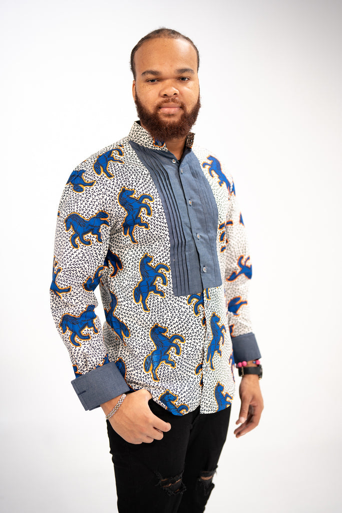 Chidera Men’s African Print Shirt (Blue Multipattern)