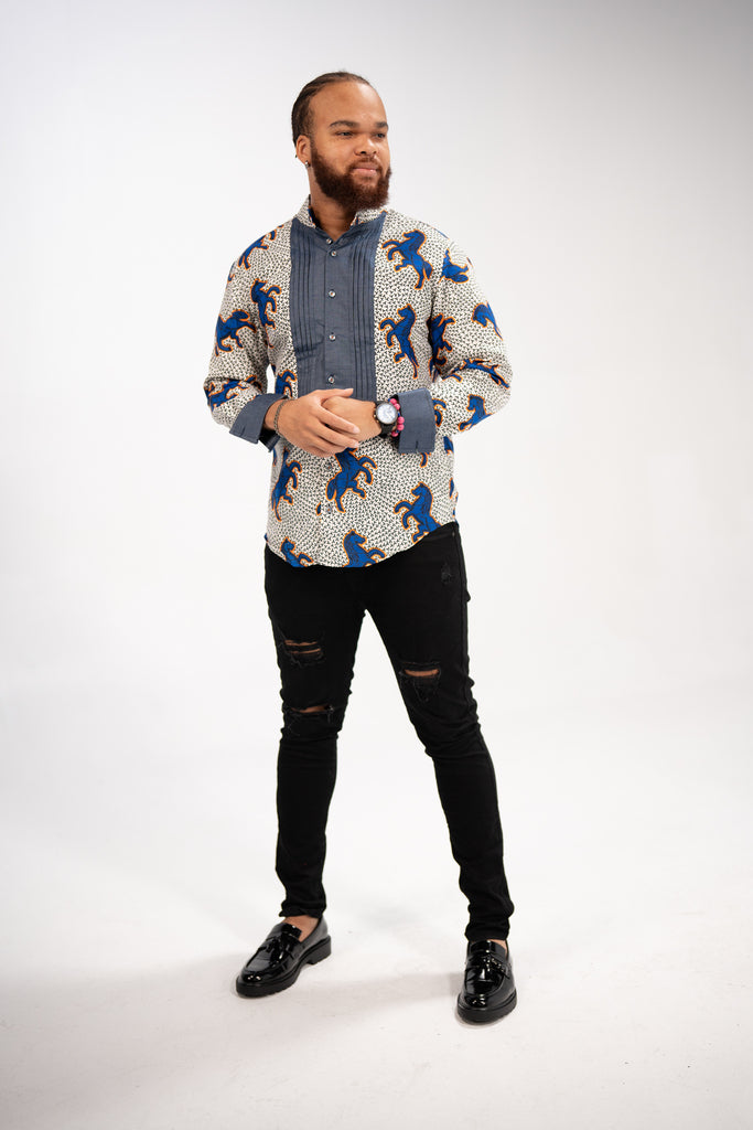 Chidera Men’s African Print Shirt (Blue Multipattern)