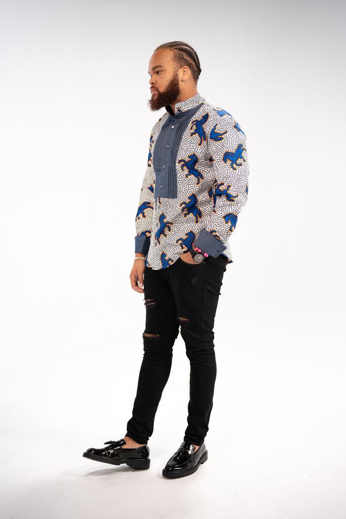 Chidera Men’s African Print Shirt (Blue Multipattern)