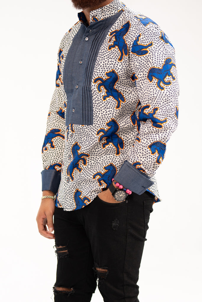 Chidera Men’s African Print Shirt (Blue Multipattern)